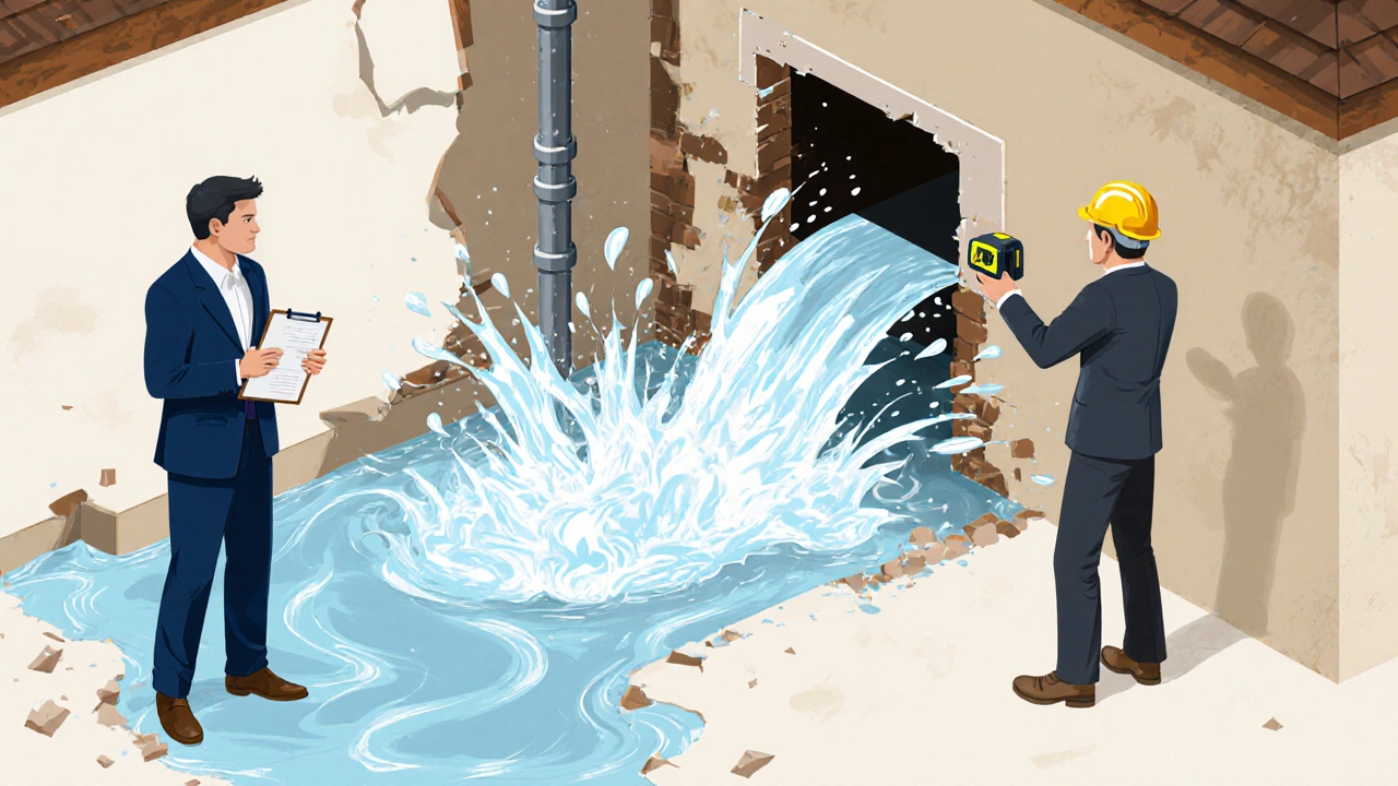 Burst pipe flooding foundation while adjuster and engineer assess the damage.