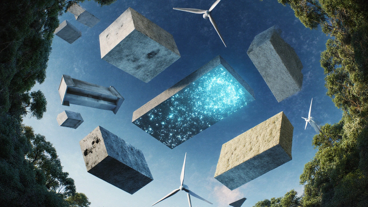 Circular composition of sustainable building materials: CLT, recycled steel, bamboo, insulation, and self-healing concrete.