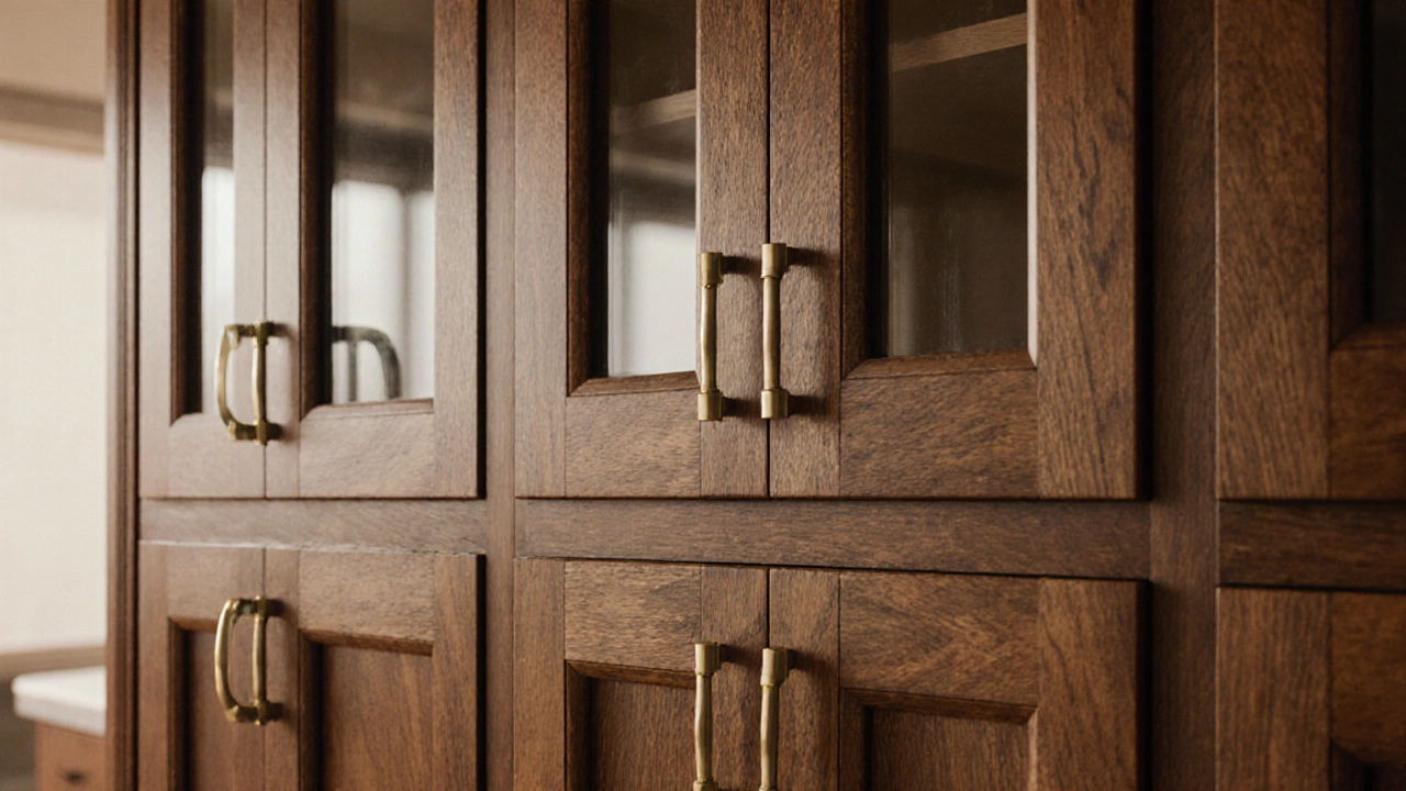 Close-up of premium wooden kitchen cabinet doors with soft‑close hinges and glass panels.