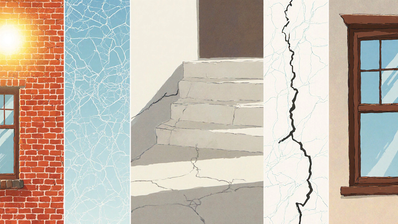 Collage of five crack types: vertical brick, diagonal stair-step, horizontal plaster, map‑crack, jagged window crack.