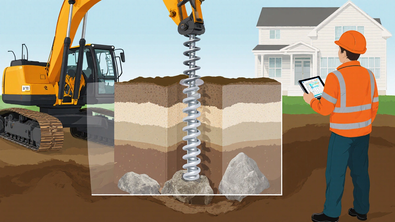 Construction crew installing helical piers with soil layers shown in cutaway view.
