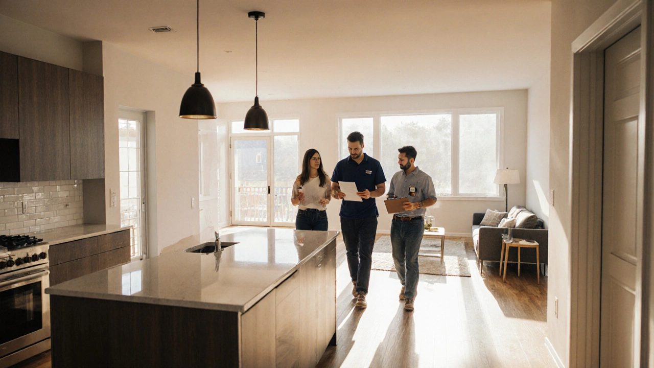 Contractor, homeowner, and inspector inspecting a finished kitchen.