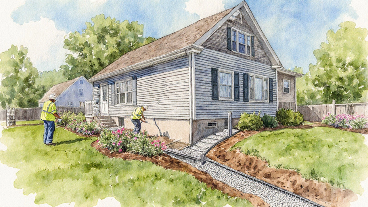 Contractors installing drainage and underpinning repairs around a house.