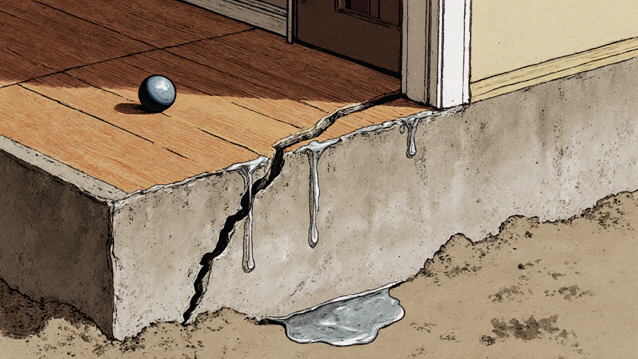 Cracked concrete slab with sloping floor and water dripping, ball rolling toward stuck door.