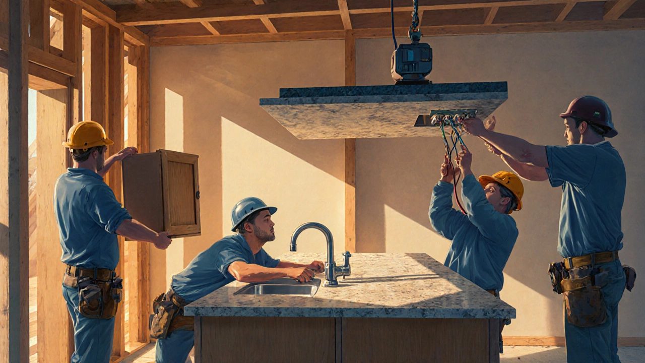 Crew assembling a dry fit kitchen with cabinets, plumbing, electrical, and countertop installation.