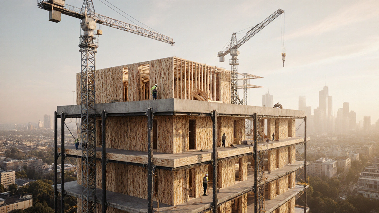 Cross-laminated timber apartment rising with steel and concrete elements, workers lifting prefabricated sections.