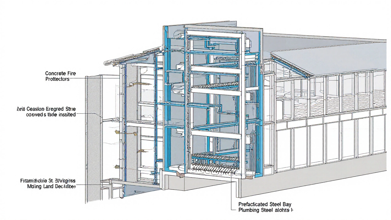 Cutaway view of a steel‑frame building showing fire‑protected columns, insulation and MEP services.