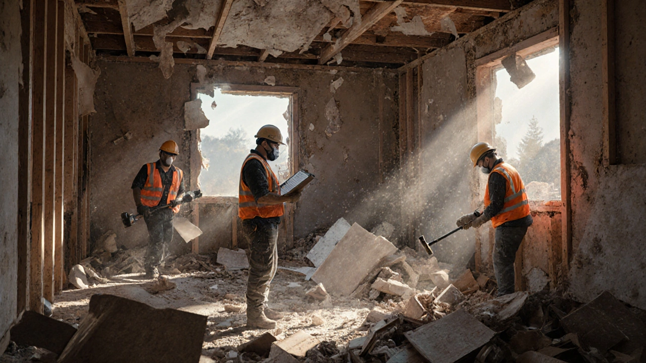 Demolition crew removing walls and debris in a partially stripped house.