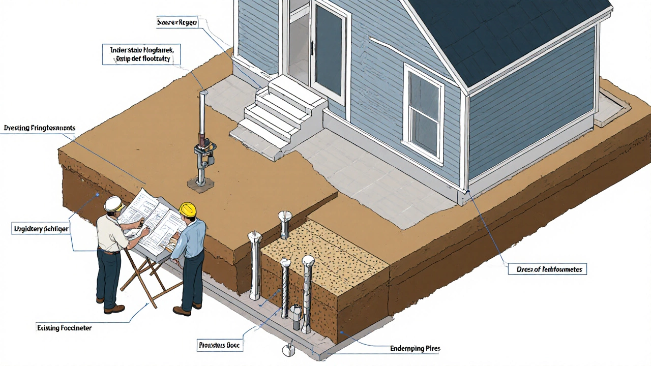 Engineers and soil tester assess a house foundation with plans and equipment.