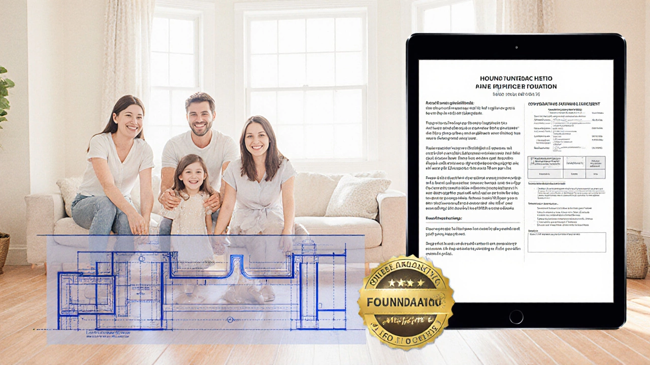 Family in a bright home with even floor, blueprint overlay, and policy endorsement displayed.