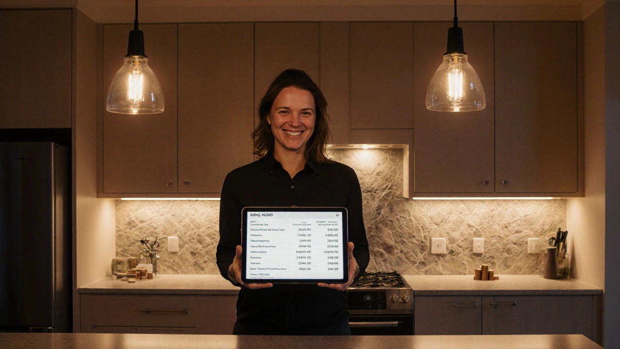 Finished kitchen interior with homeowner reviewing quotes on a tablet.