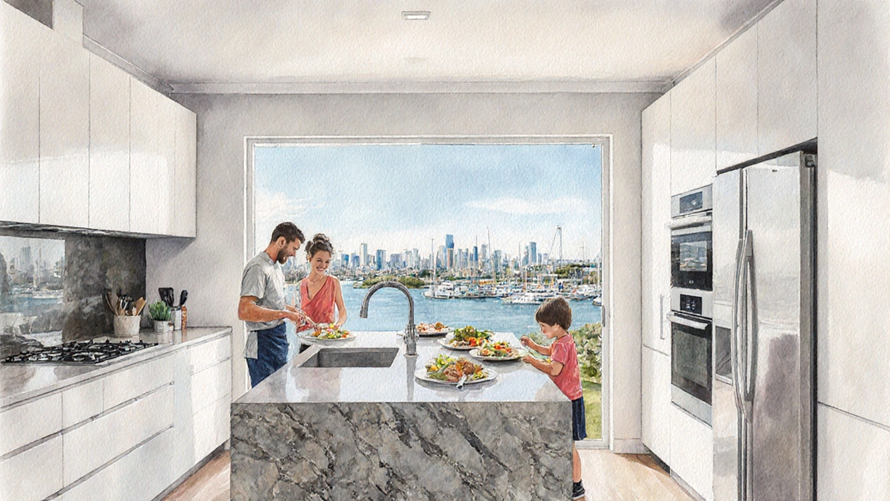 Finished modern kitchen with harbor view, family cooking together in warm watercolor style.