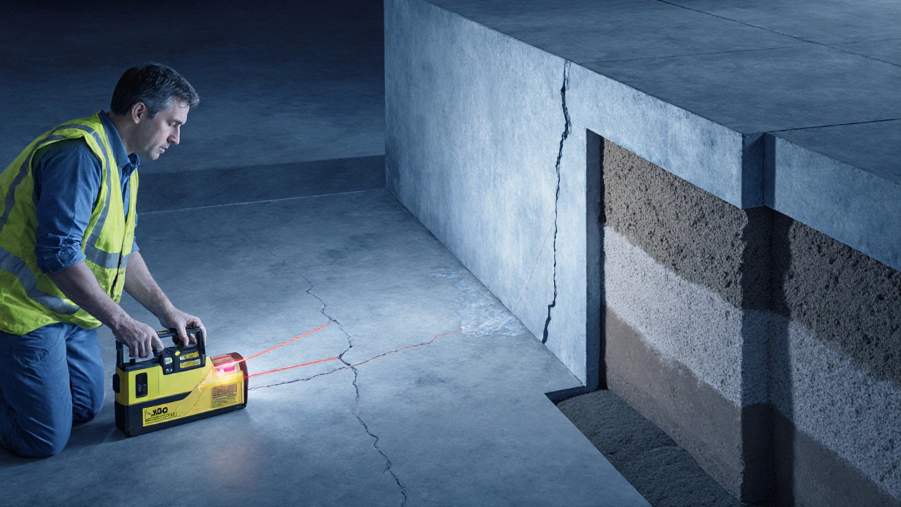 Foundation inspector using a laser level to check a basement wall crack.