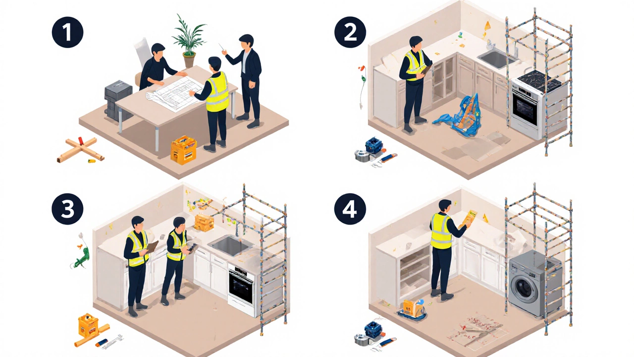 Four-stage kitchen fit shown in isometric view: design, management, cabinet install, appliance hookup.
