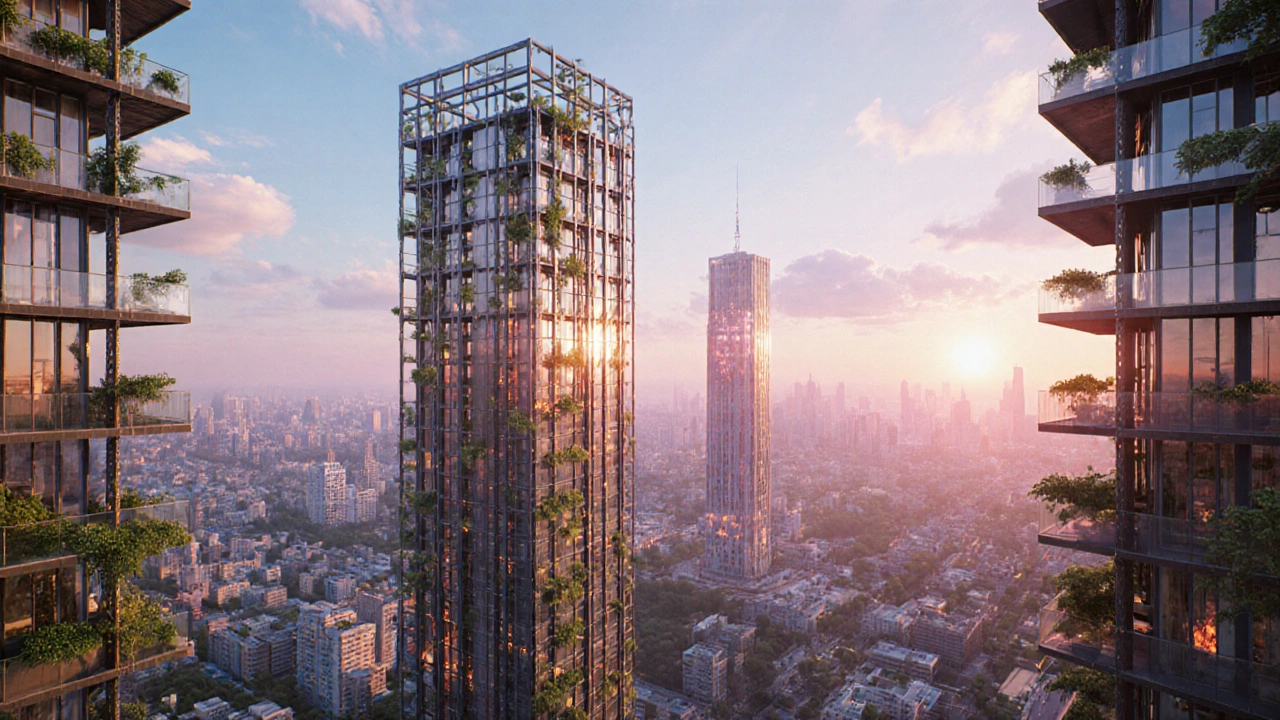 Futuristic skyline of tall steel‑frame towers with green elements representing sustainable design.