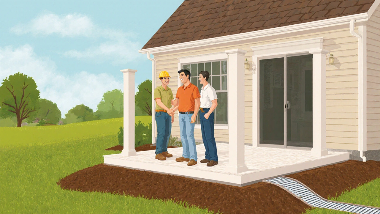 Happy homeowner on level patio with proper grading, drain, and gutters after repair.