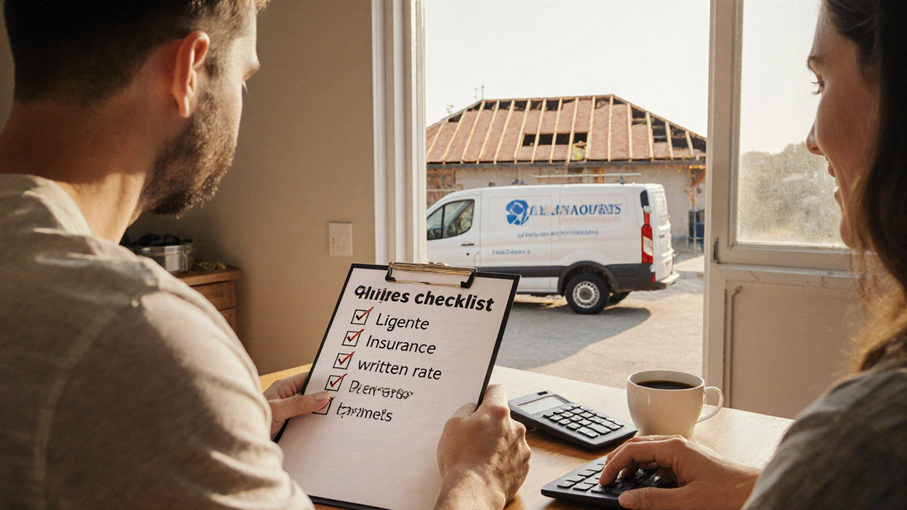 Homeowner and roofer reviewing a hiring checklist at a kitchen table with a roof view behind.