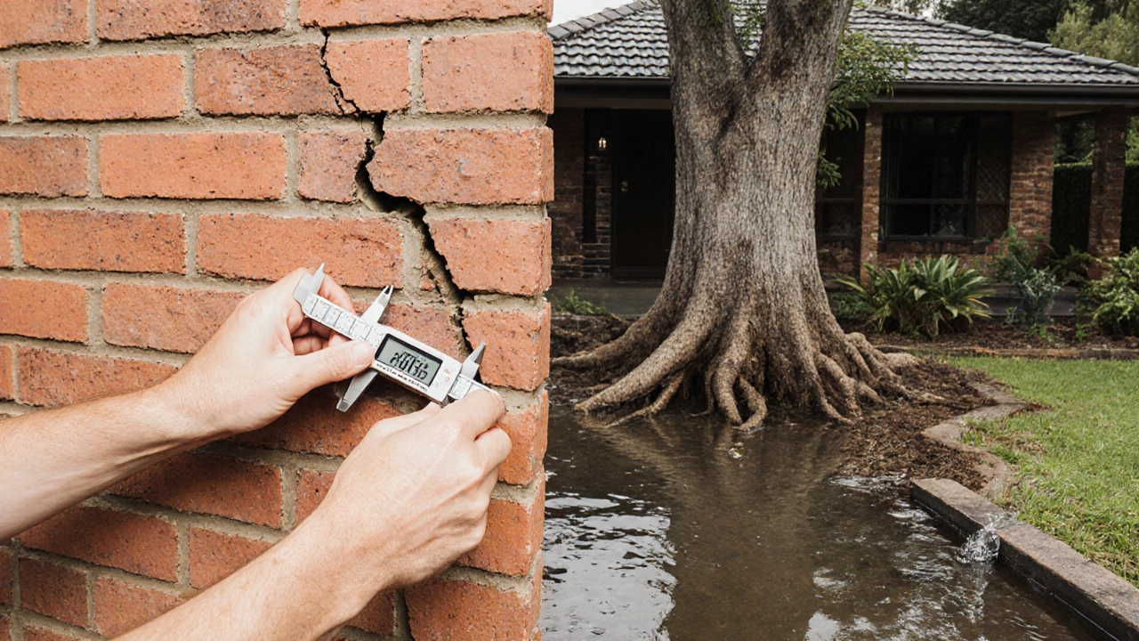 Homeowner measuring foundation crack as tree roots and overflowing gutters contribute to soil damage.