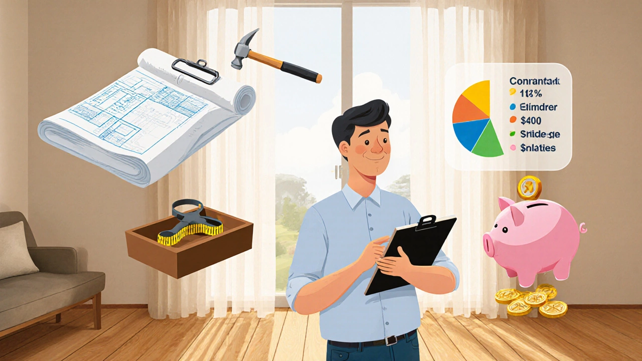 Homeowner reviewing a renovation checklist with blueprint, tools, and a piggy bank nearby.