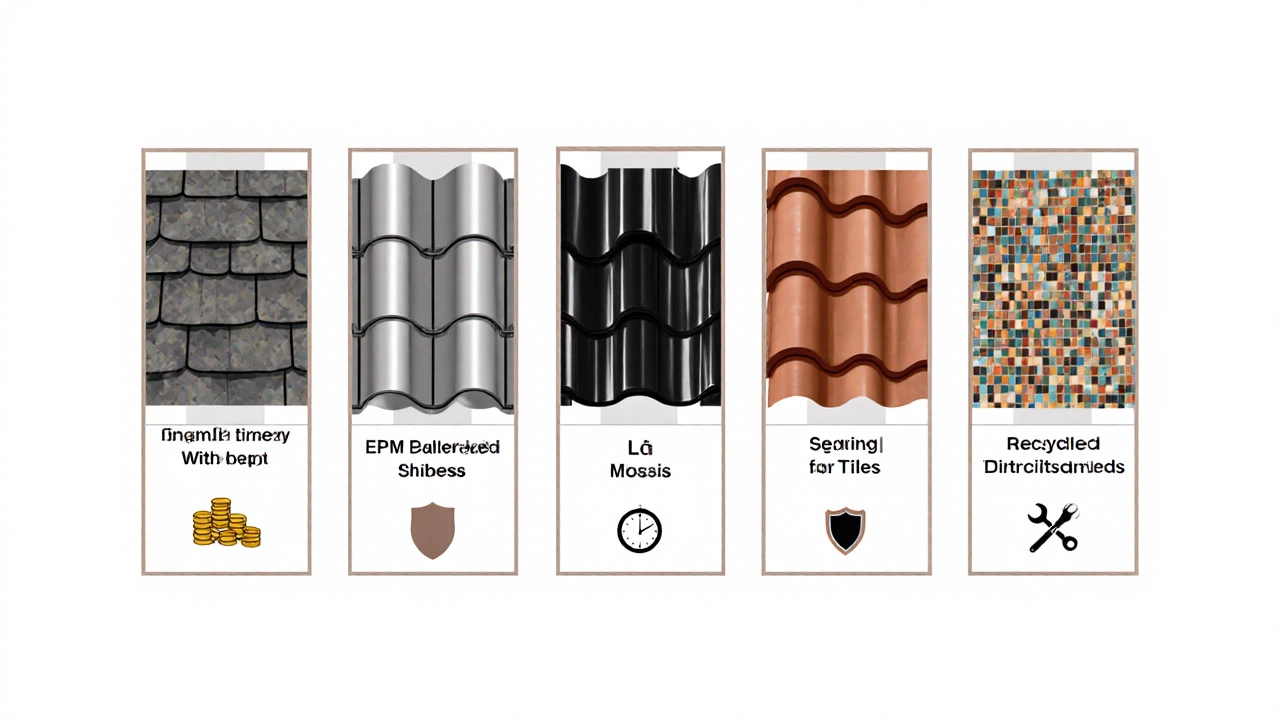 Illustrated comparison of five roofing materials using icons for cost, lifespan, durability, and installation difficulty.
