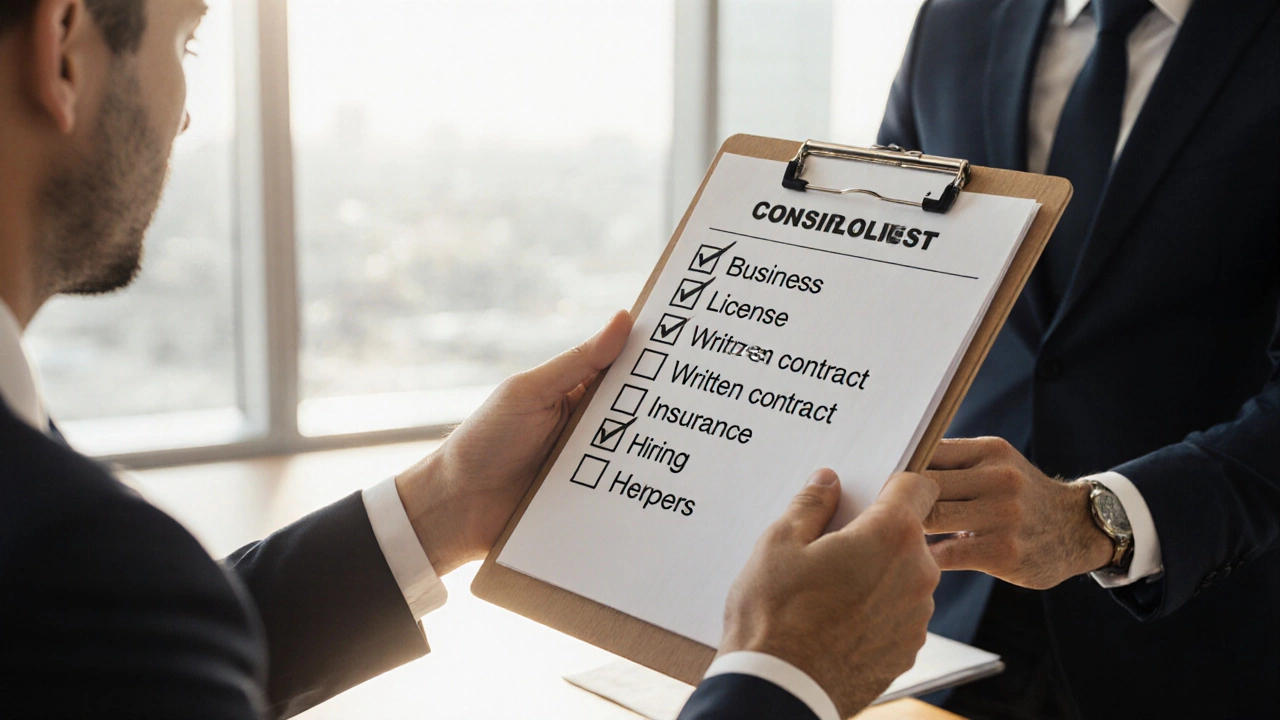 Licensed contractor shows a partially ticked checklist to an owner in a bright office.