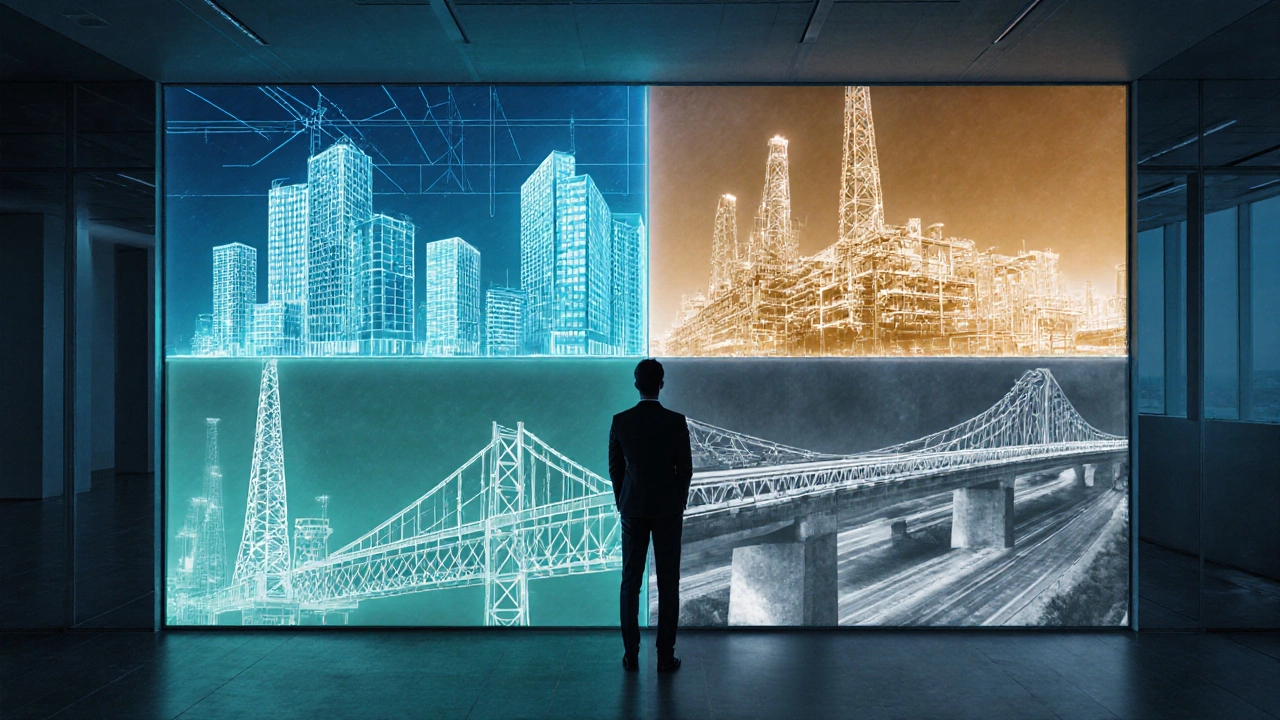 Project manager examines glowing silhouettes of four construction types on a transparent display.
