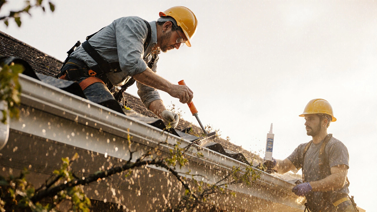 Roofer and homeowner performing maintenance tasks like gutter cleaning and sealing on a house roof.