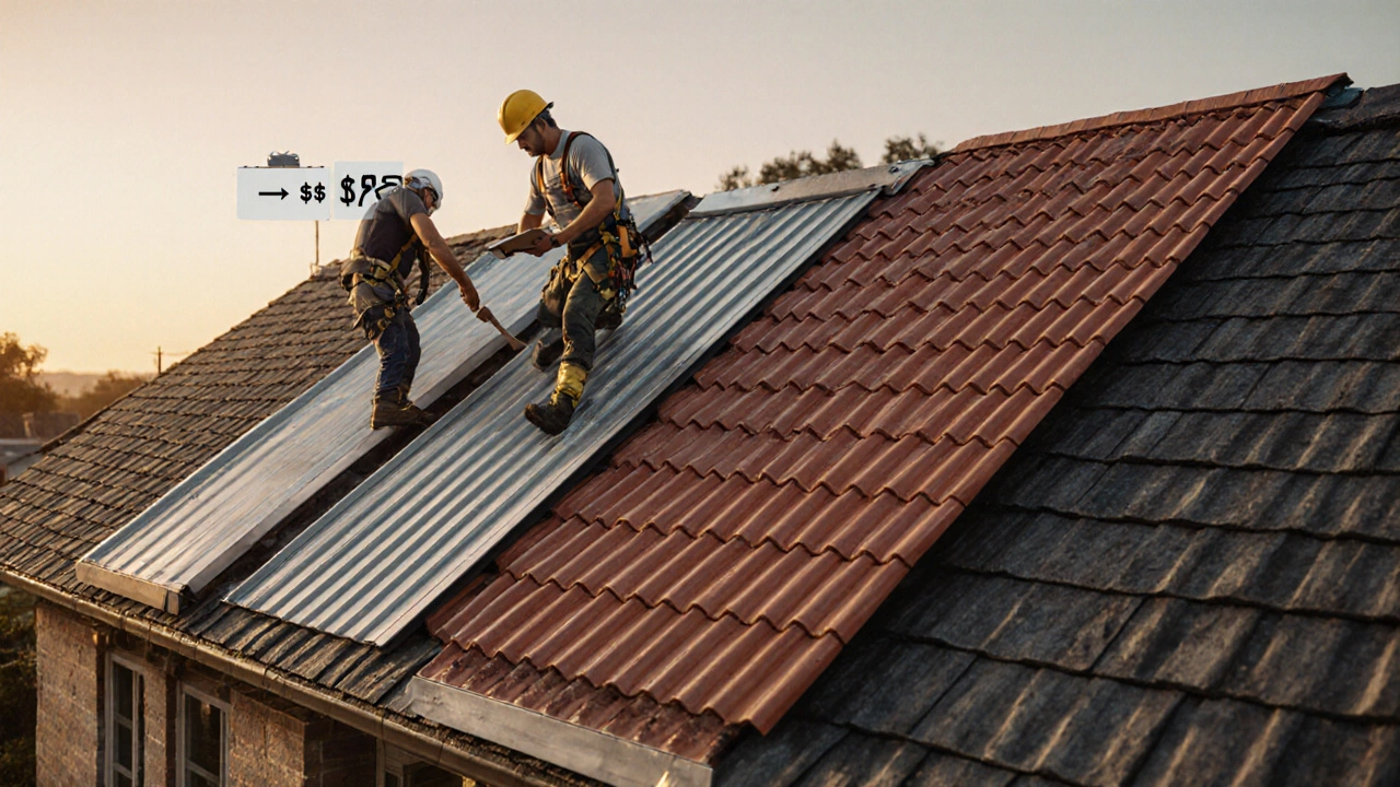 Roofer working on four roof sections: shingle, metal, tile, and slate, each showing a labor premium.