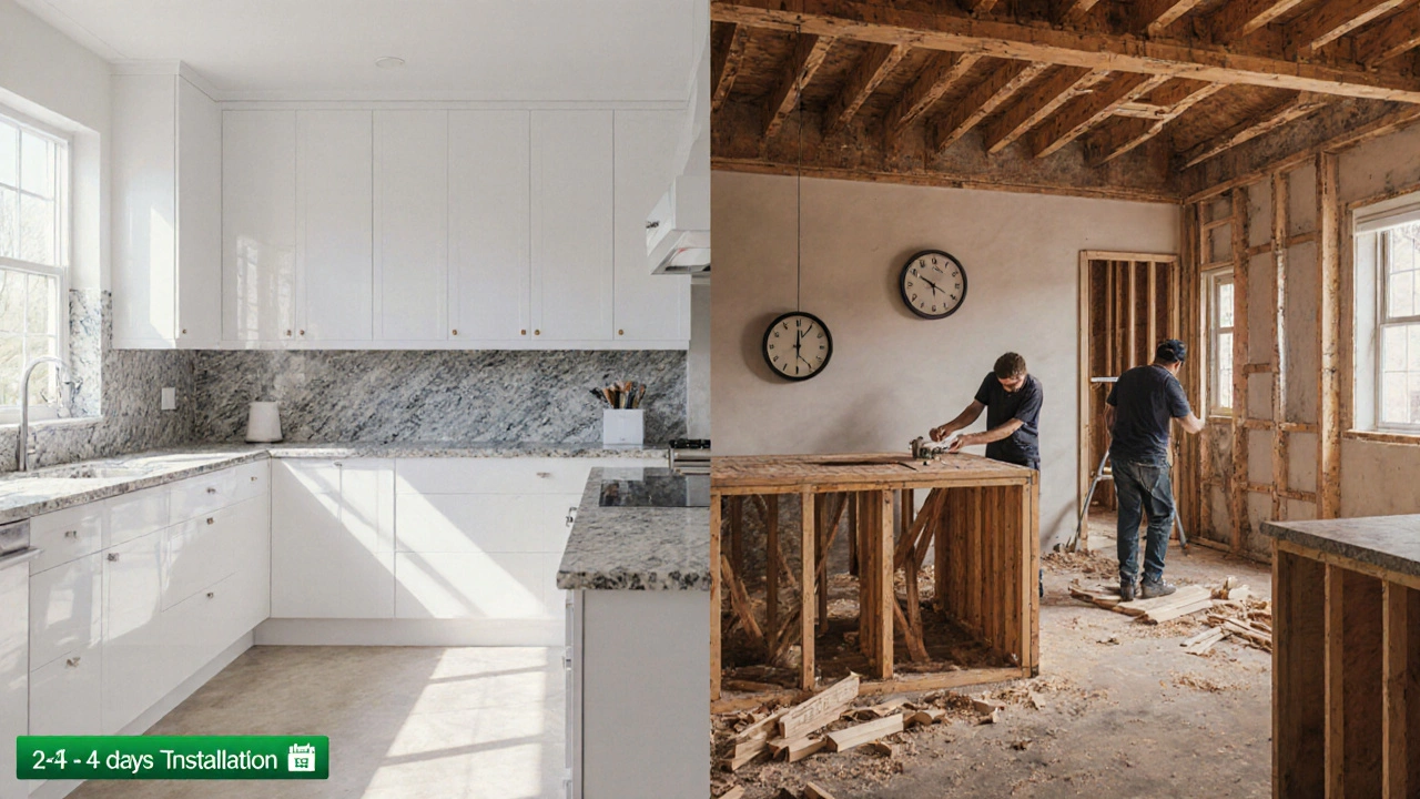 Side‑by‑side view of a finished dry‑fit kitchen and a messy traditional kitchen under construction.