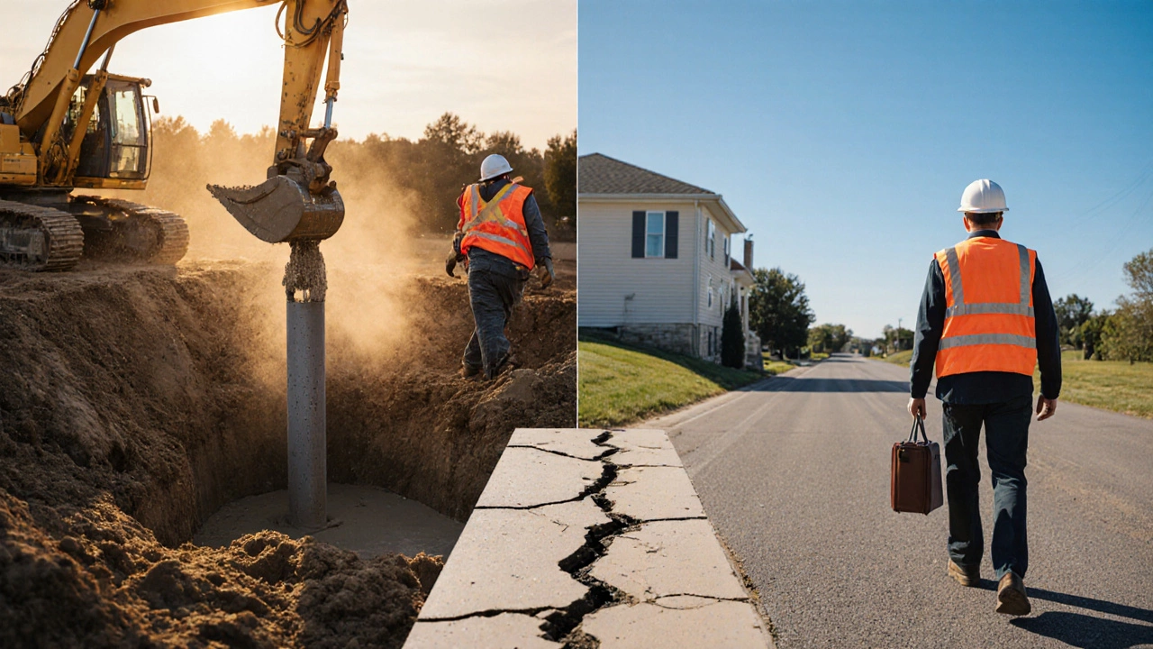 Split scene showing foundation repair on one side and a person walking away on the other.