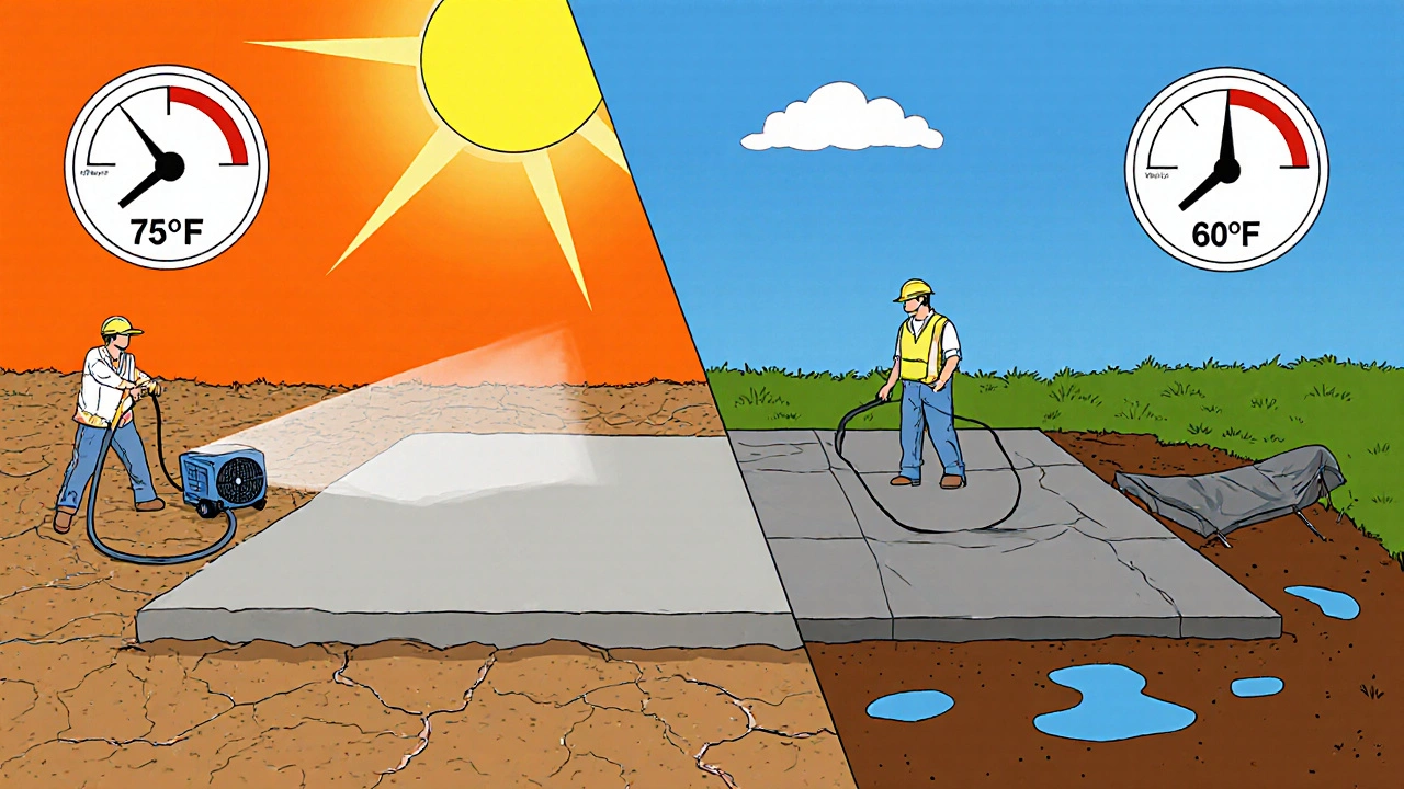 Split view of summer dry soil vs. spring damp soil showing workers adapting repair methods.