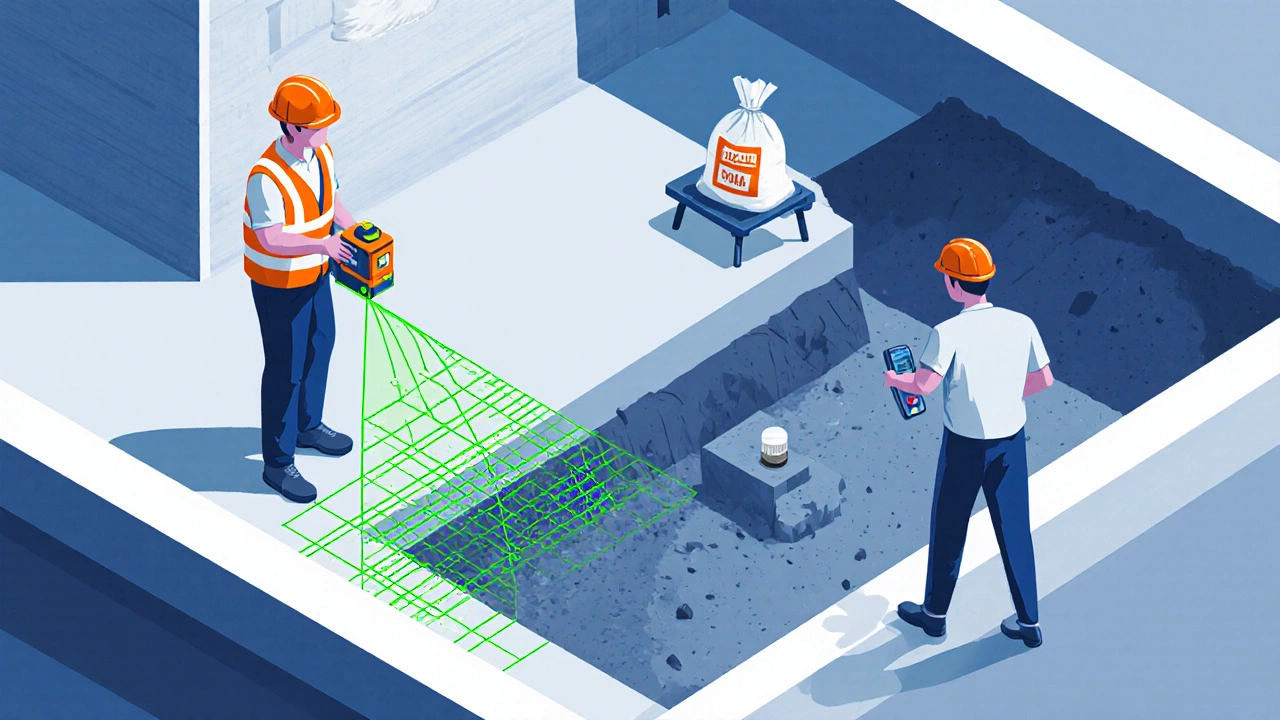Structural engineer using laser level and moisture meter on a foundation site.