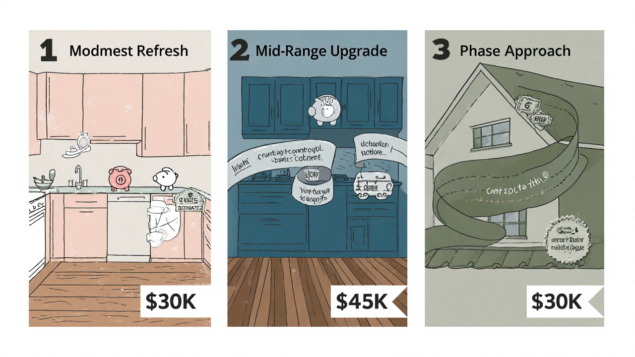 Three panels illustrating modest, mid‑range, and phased renovation scenarios with cost labels.