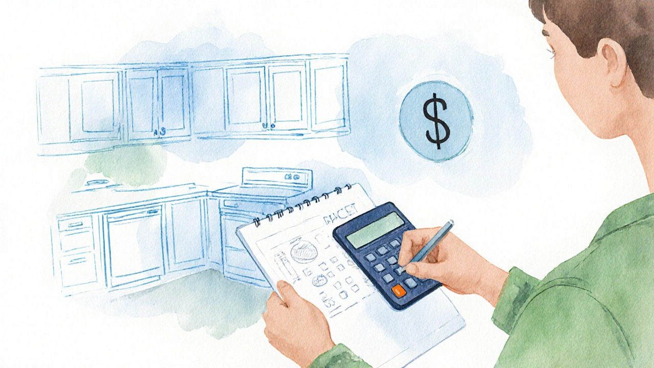 Watercolor illustration of a homeowner planning a kitchen remodel, surrounded by faint outlines of cabinets, appliances, and a dollar sign.