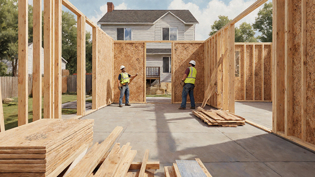 Workers assembling a wooden frame on a suburban home construction site.