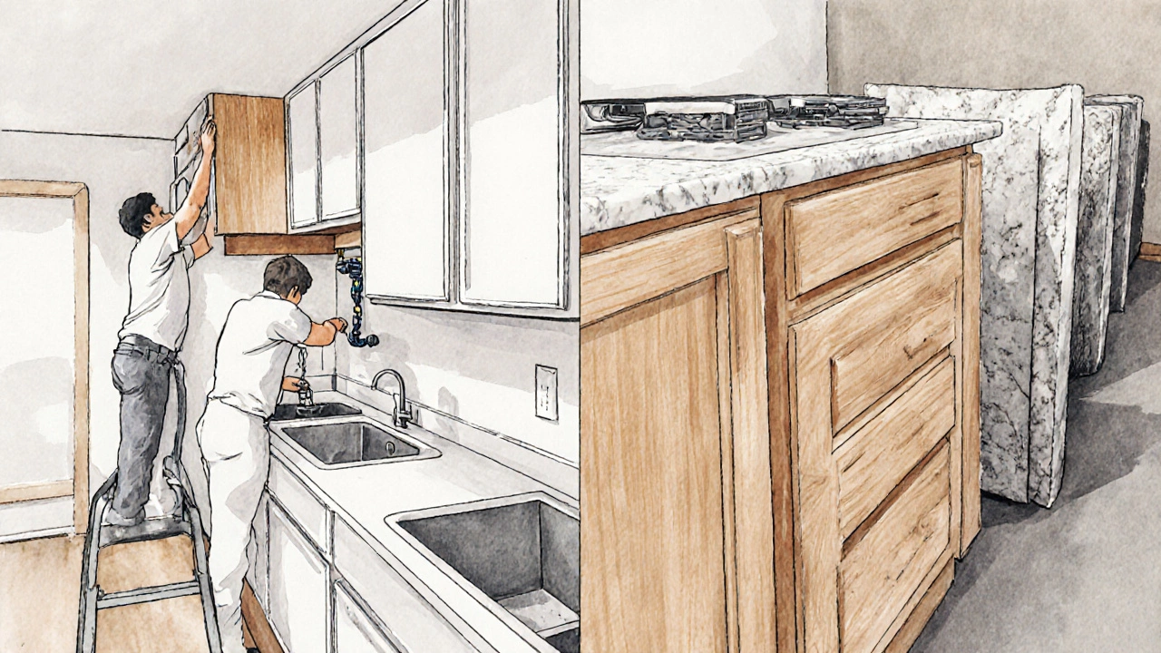 Workers installing cabinets, plumbing, and wiring beside premium cabinets and appliances.